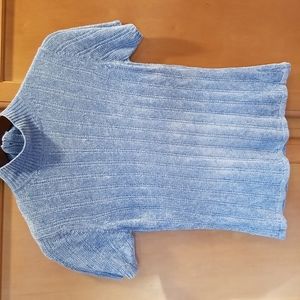 Chenille sweater wide ribbed mock neck with short sleeves blue size PS